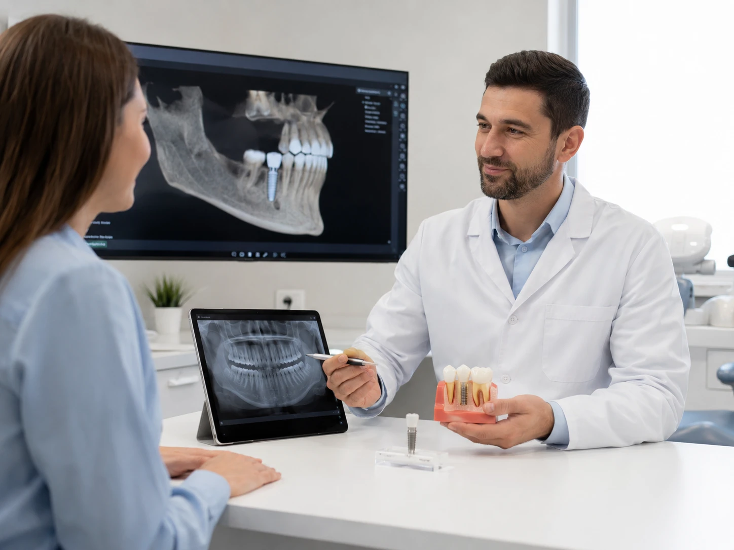 Врач показывает пациенту 3D-снимок челюсти перед имплантацией зубов