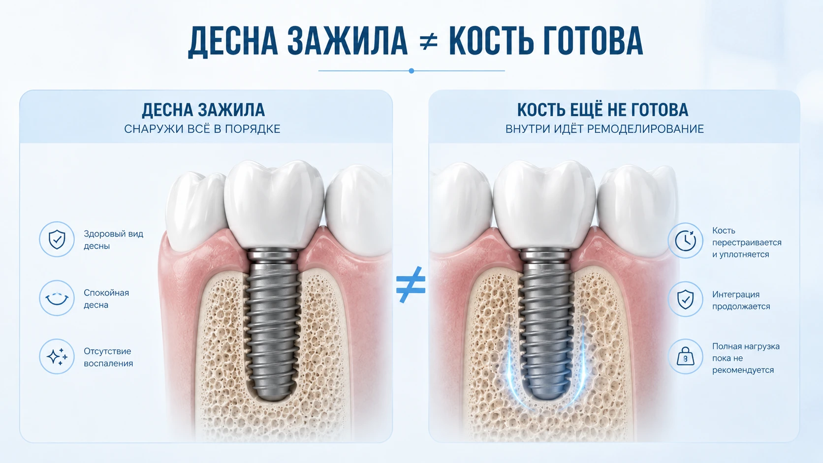 Инфографика о том, что зажившая десна не всегда означает готовность кости вокруг импланта к нагрузке