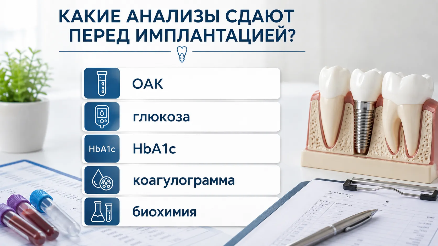 Инфографика списка возможных анализов перед имплантацией: ОАК, глюкоза, HbA1c, коагулограмма, биохимия